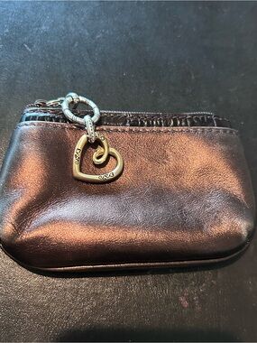 Brighton Bronze Metallic Leather Coin/Key Pouch with Heart Charm Zip Closure